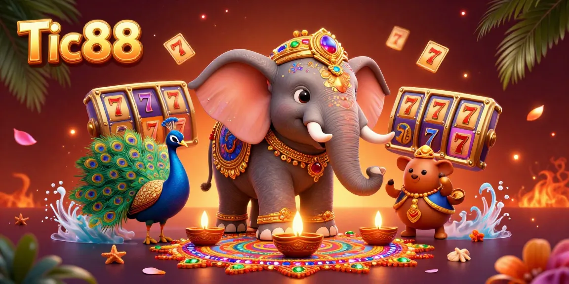Tic88 offers a vibrant, animated scene with an elephant and peacock surrounded by slot reels and jackpots.