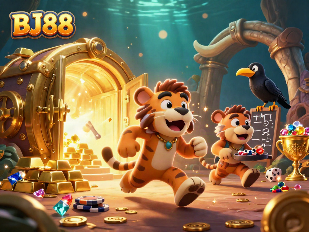 BJ88 enhances gaming with a vibrant illustrative casino scene featuring classic elements and gold treasures.