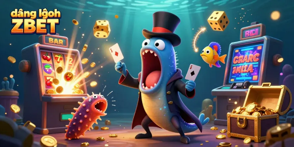 Join the magic with "đăng nhập ZBET" as the gulper eel performs card tricks amid vibrant casino elements.