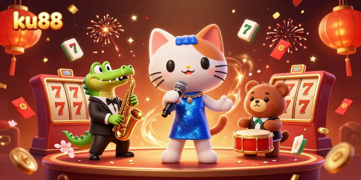 Experience exciting moments with ku88 at a vibrant casino scene featuring jazz musicians and slot reels.