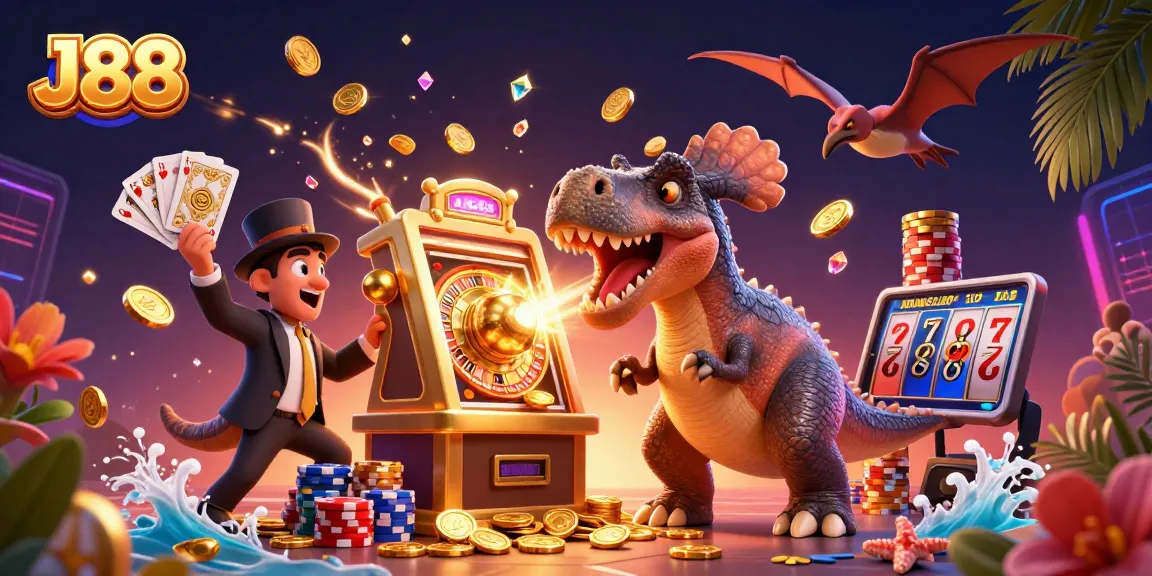 Experience J88's vibrant casino scene with pachycephalosaurus winning slots and colorful coins.