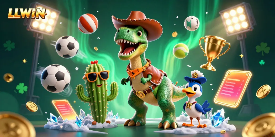 Engage in thrilling betting adventures with LLWIN, featuring a T-Rex cowboy and friends amidst dynamic sports elements.