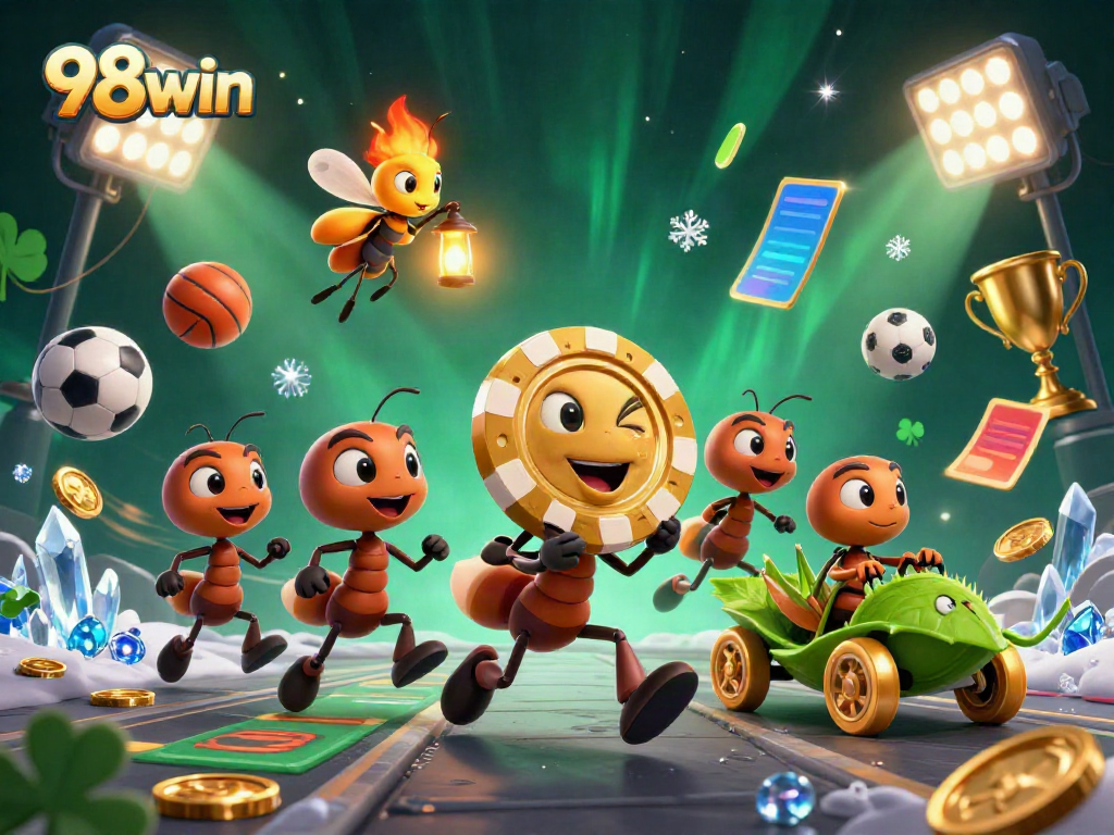 Experience excitement with 98win as cartoon ants carry a giant poker chip in a thrilling heist