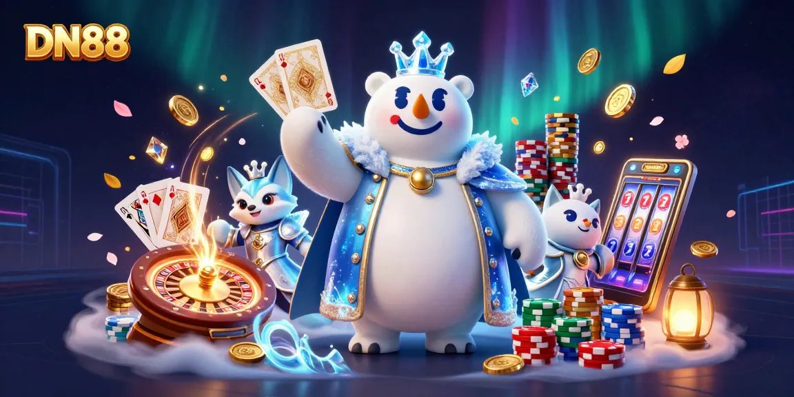 Engage in thrilling gameplay at DN88 with a vibrant 3D casino illustration showcasing a king polar bear and fox.