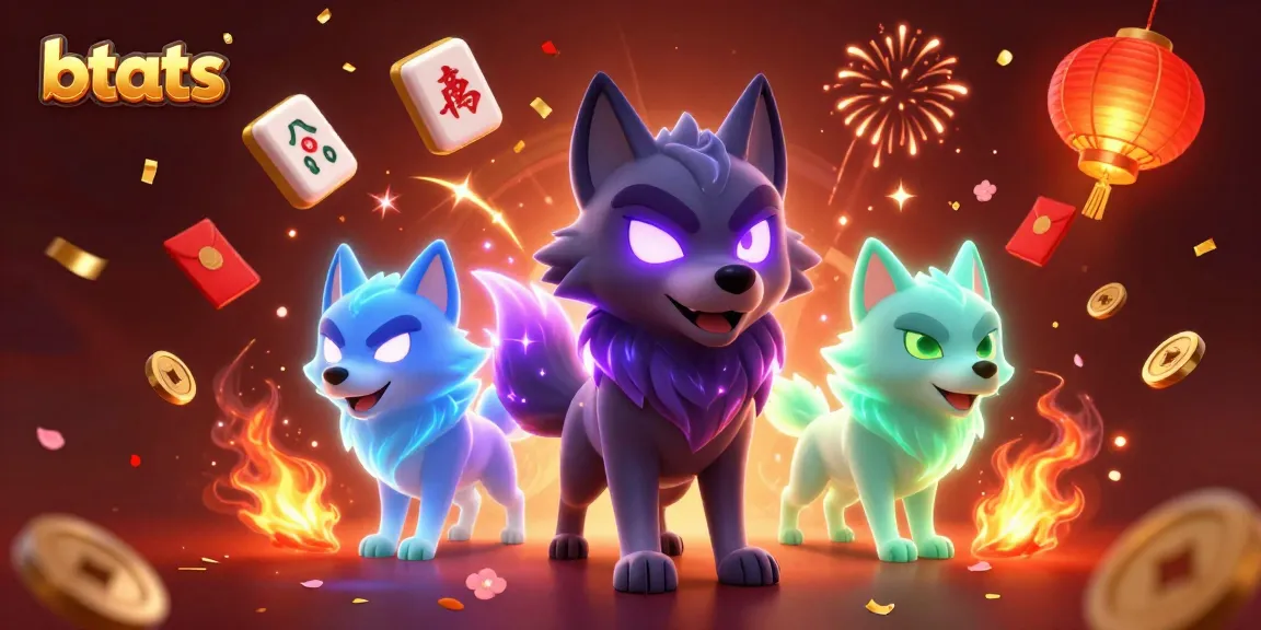 Engage with the vibrant btats casino world featuring a mystical wolf trio amidst floating casino symbols and joyous celebration.