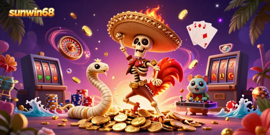 Experience excitement with sunwin68 as a skeleton mariachi celebrates amidst shining coins and iconic casino features.