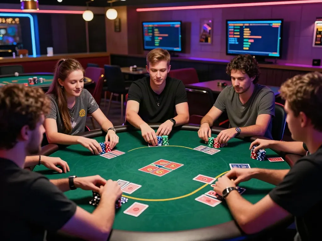 Exciting non gamstop UK casino scene with players engaged at a poker table surrounded by vibrant neon lights.