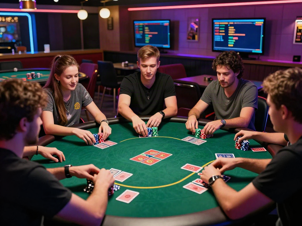 Exciting non gamstop UK casino scene with players engaged at a poker table surrounded by vibrant neon lights.