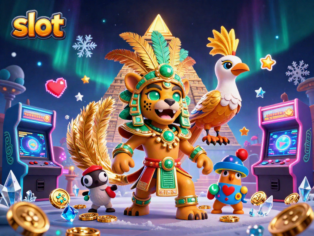 Experience thrilling slot games with a vibrant 3D illustration showcasing Mayan themes and colorful casino elements.
