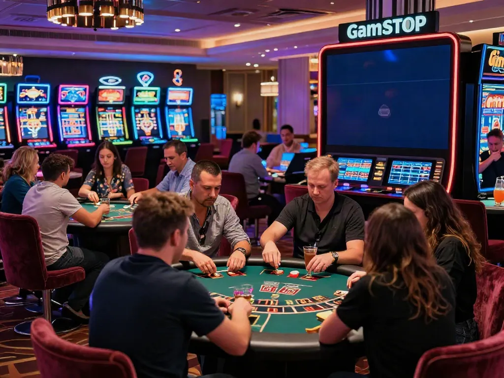 Exciting non GamStop UK casino atmosphere with players engaging at tables amidst vibrant decor.