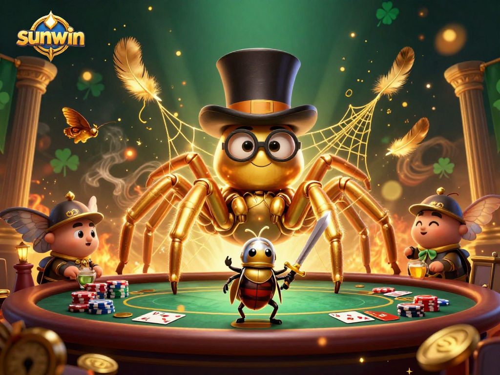 Engage in winning strategies at sunwin, surrounded by a vibrant poker scene with golden treasures.