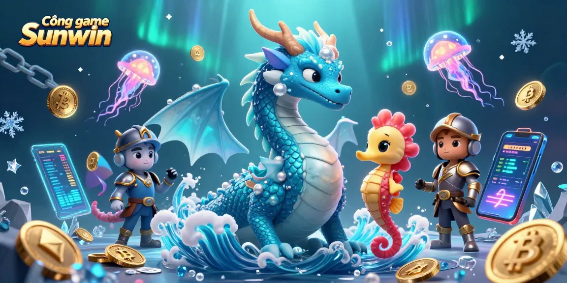 Immerse in Cổng game Sunwin, showcasing animated characters alongside crypto elements and vibrant underwater scenes.