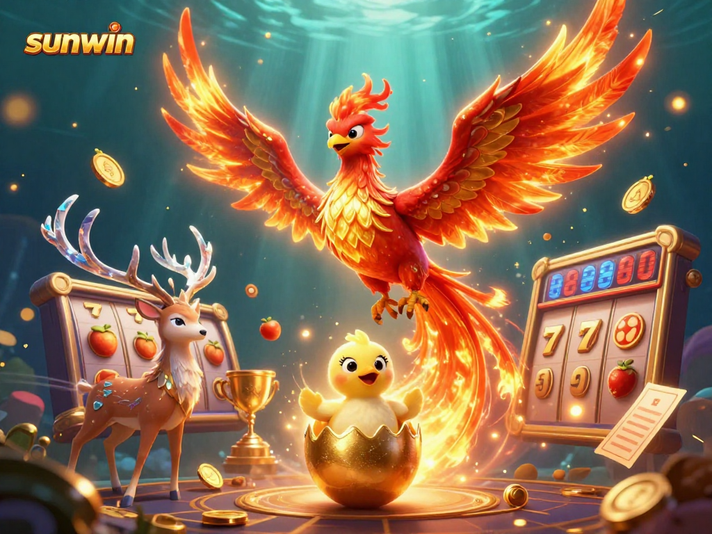 Experience the thrill of the game with sunwin's colorful phoenix and slots elements in a vibrant 3D scene.