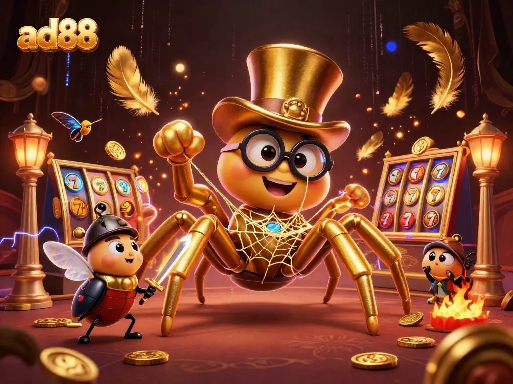 Experience thrilling play at ad88 with a lively scene of adventure and excitement among casino characters.