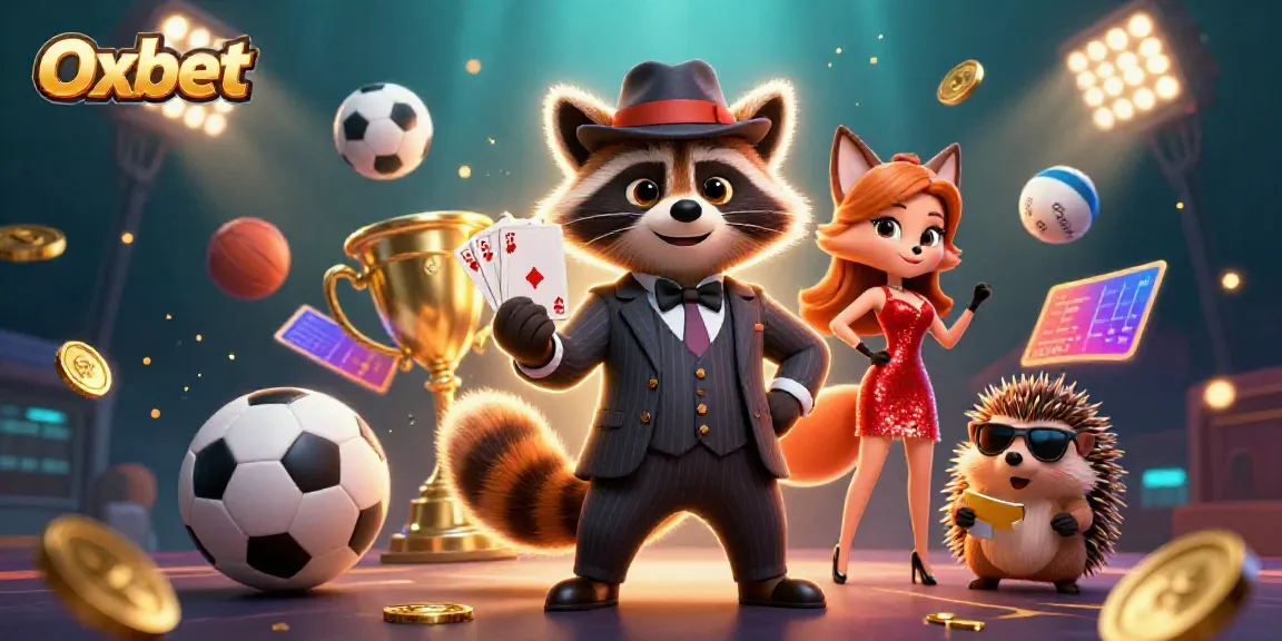 Play popular games at Oxbet with a suave raccoon dealer and a vibrant casino atmosphere.