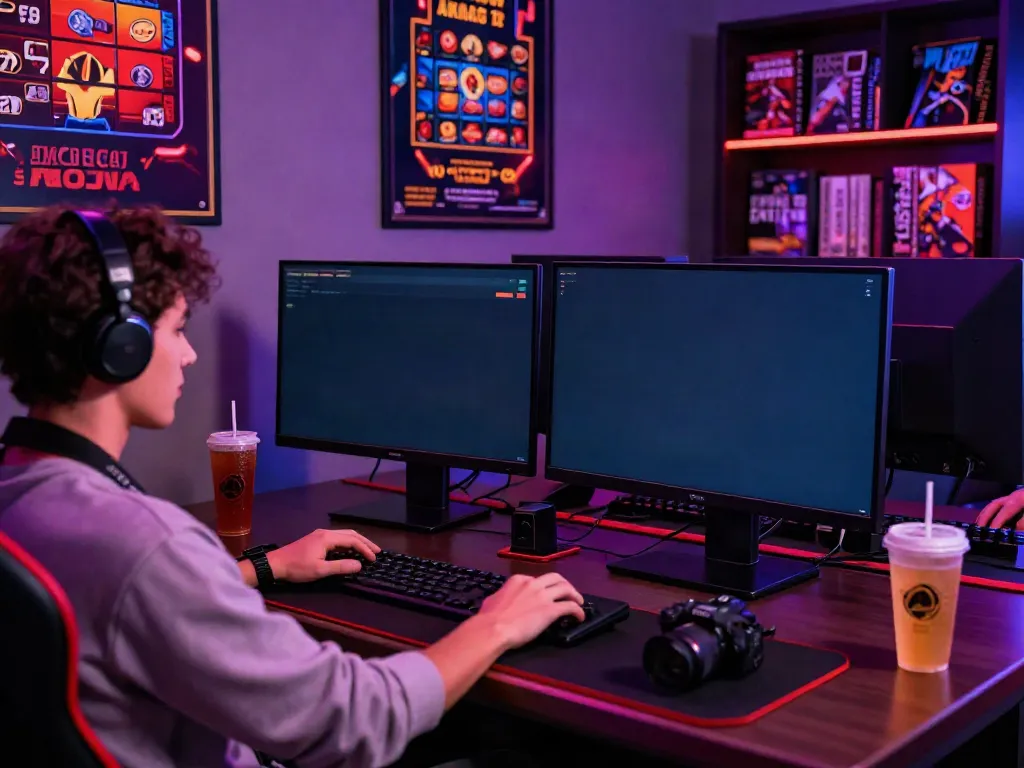Dynamic non gamstop uk casino gaming scene with vibrant lighting and tech setup