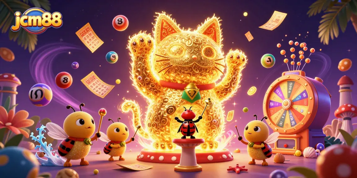 Experience thrilling gaming with jcm88's vibrant 3D casino illustration, featuring a lucky cat and dynamic lottery elements.