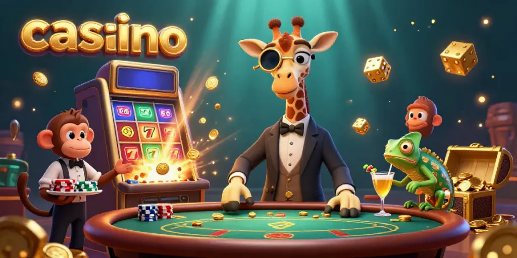 Experience vibrant casino action with a high-roller giraffe, monkey valet, and chameleon bartender in a lively scene.