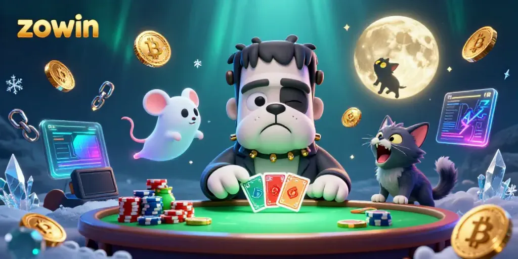 Zowin’s engaging scene with a Frankenstein bulldog monster dealing cards, crypto elements, and a playful werewolf kitten.