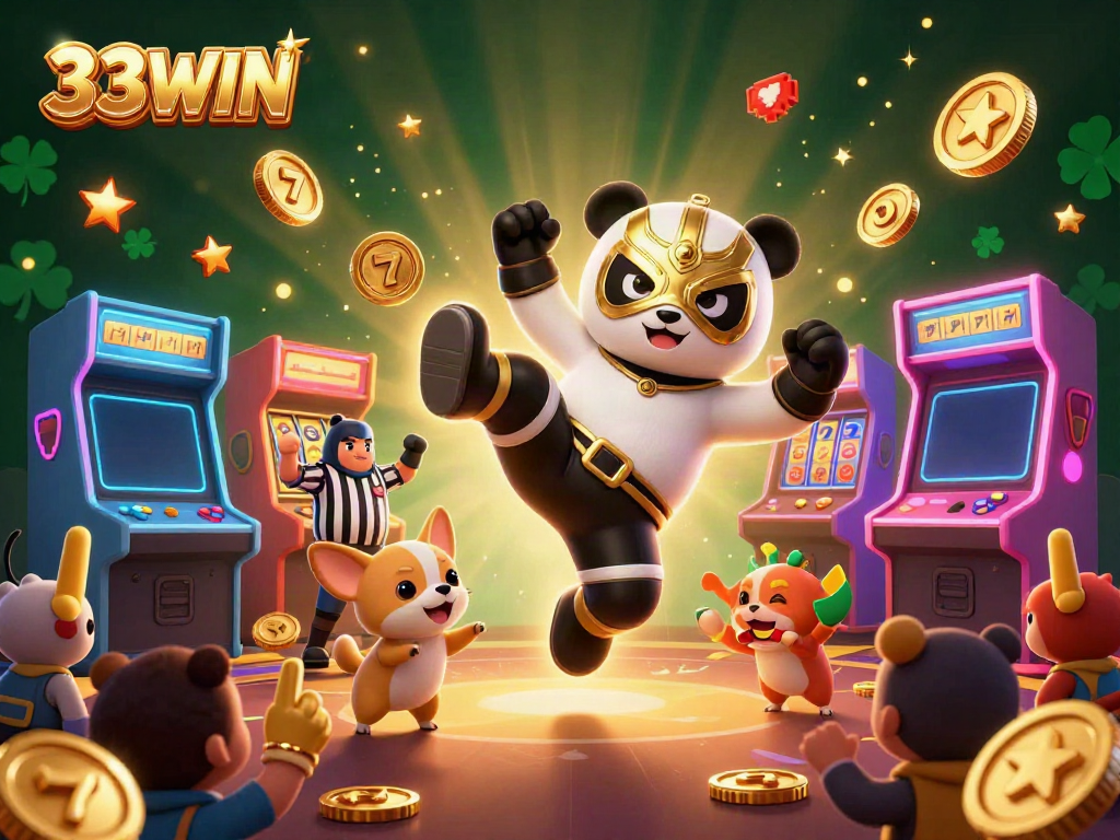 Experience thrilling action at 33WIN with a flying panda and vibrant slot machines in a lively casino scene.