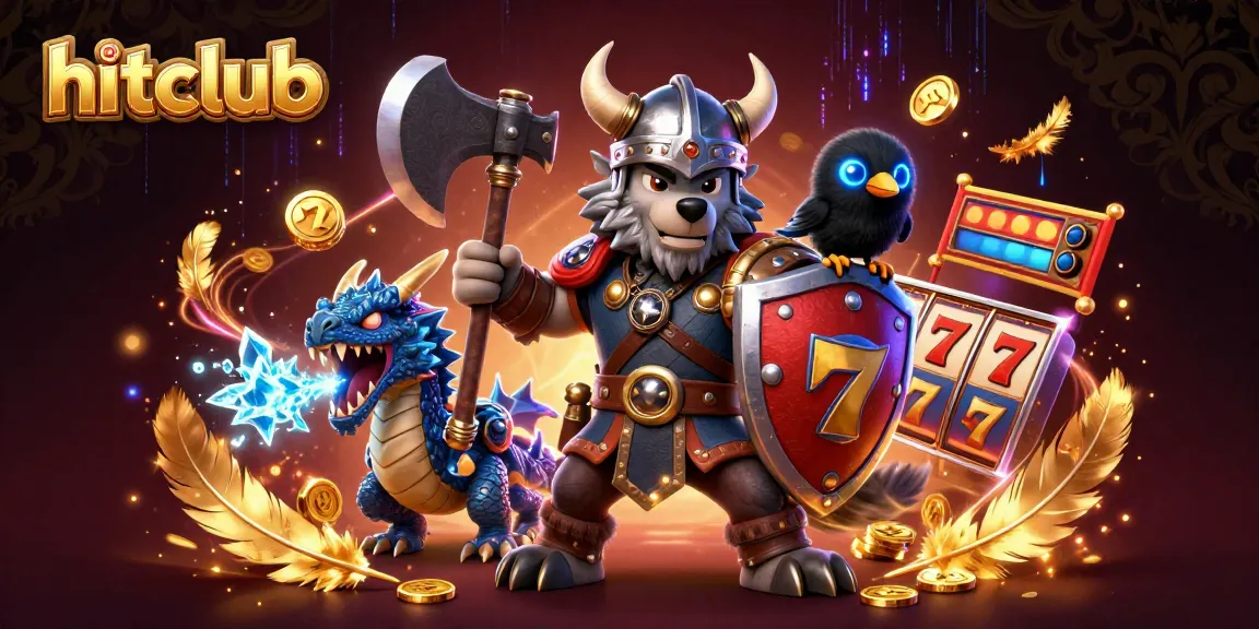 Engage with hitclub's vibrant gaming atmosphere featuring a Viking wolf, dragon, and a raven in a dynamic casino illustration.
