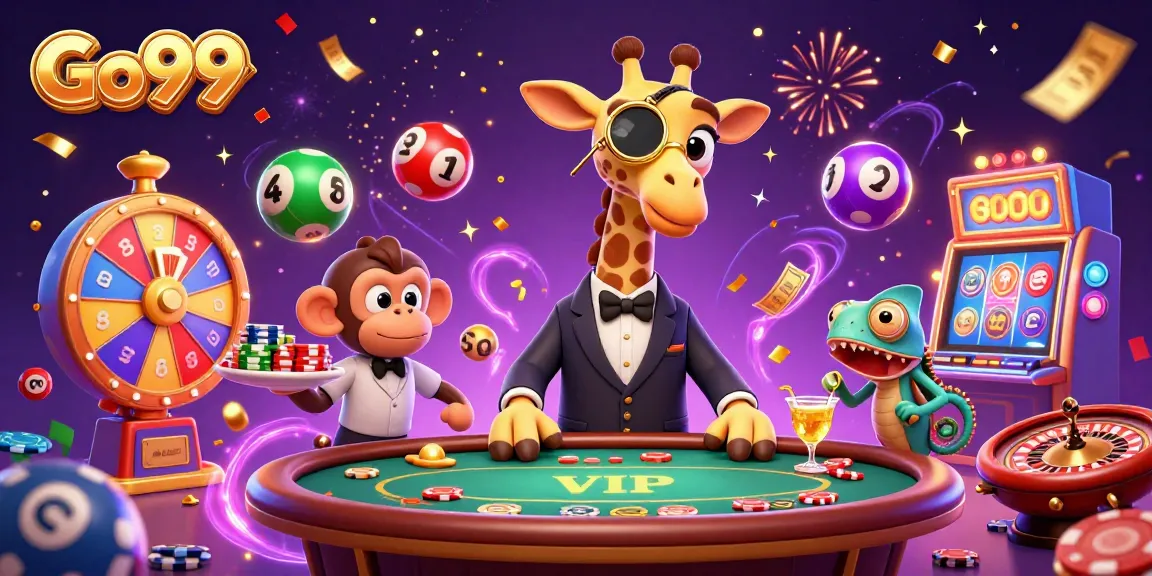 Experience the thrill of Go99 with a vibrant casino scene featuring a high-roller giraffe and playful elements.
