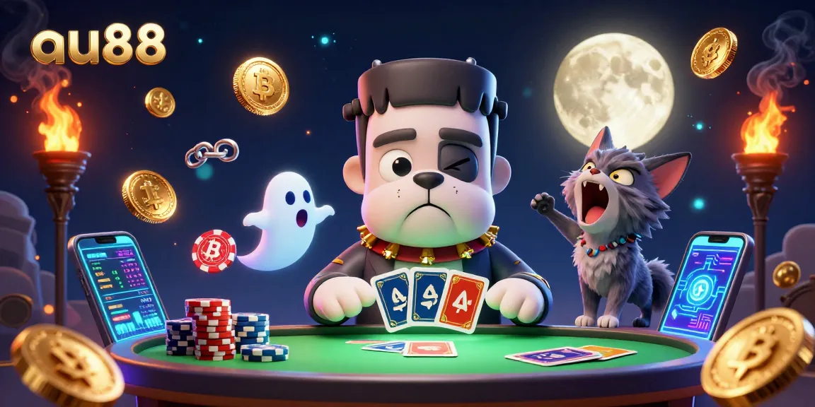 Play cards with au88's dynamic 3D characters in a vibrant casino atmosphere filled with crypto elements.