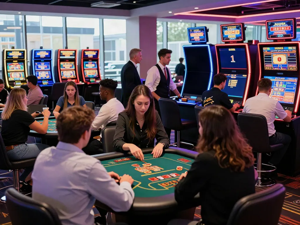 Non GamStop UK casino scene with diverse players enjoying exciting games and vibrant atmosphere