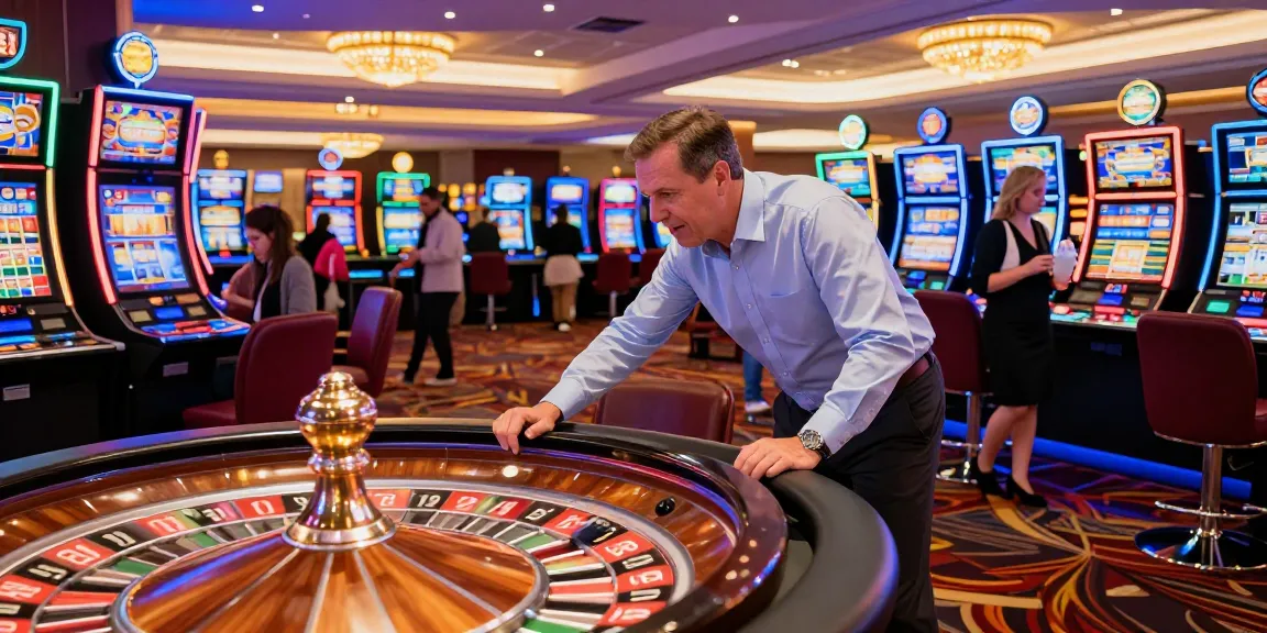 Exciting atmosphere at a non gamstop uk casino with a player at the roulette table amidst colorful slot machines.