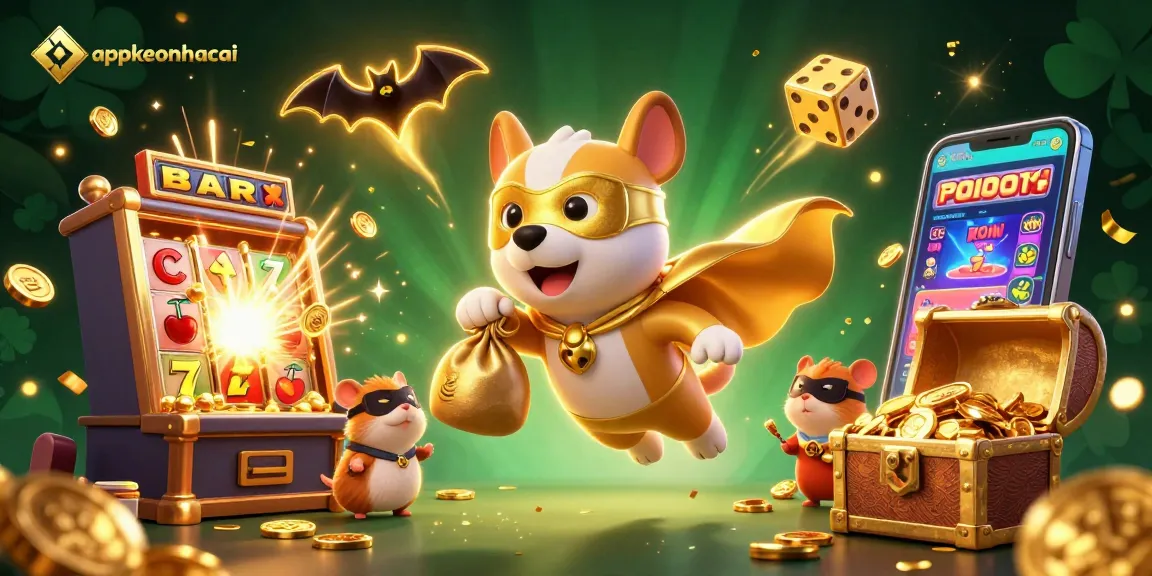 Experience appkeonhacai's thrilling gaming adventure with superhero dog and hamster in a vibrant casino.