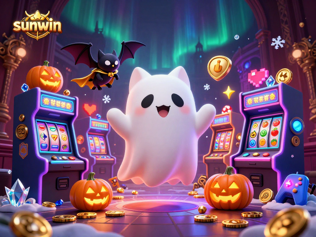 Experience sunwin's thrilling haunted casino animation with ghostly characters and glowing game symbols.