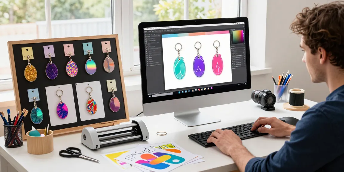 Creative workspace featuring custom keychains designs and prototypes, showcasing vibrant acrylic, metal, and holographic styles.