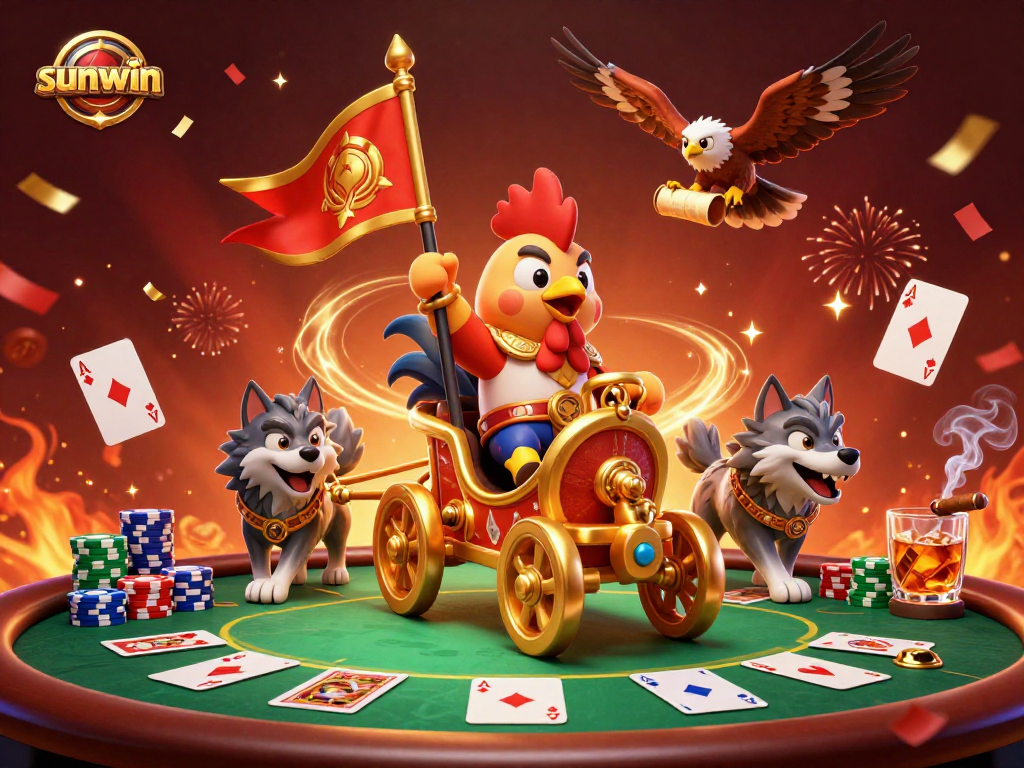 Experience excitement at sunwin with a cartoon rooster warlord commanding the casino scene.