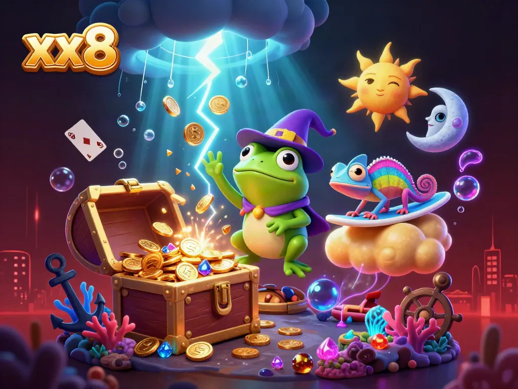 Experience the thrill of xx8 casino with a storm of golden coins and vibrant characters in a magical, surreal setting.