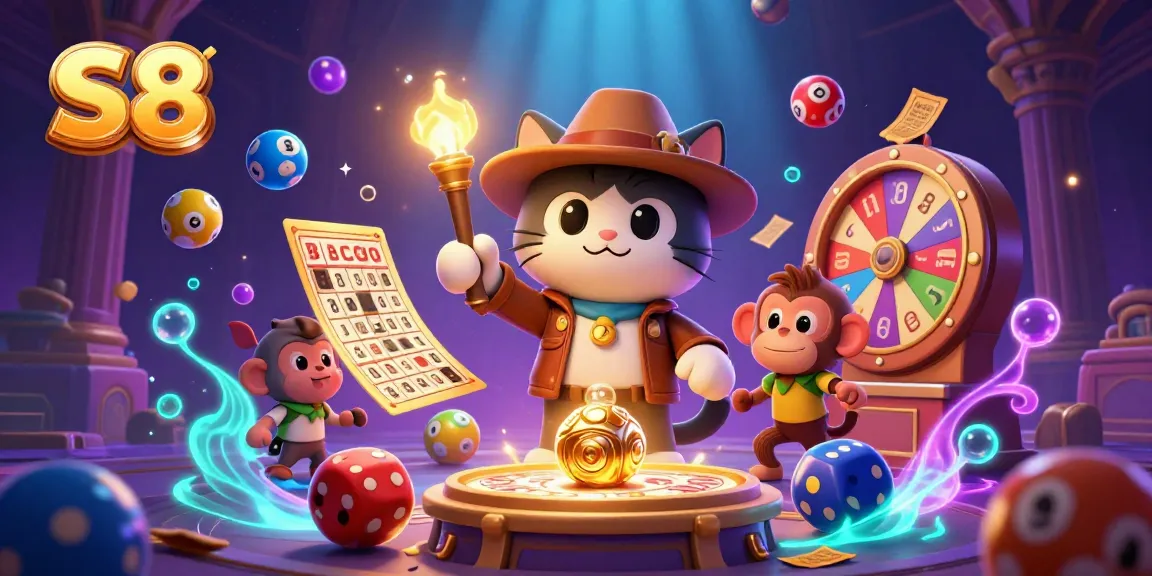 Experience the thrill of S8 in this vibrant 3D casino scene featuring an explorer cat and monkey discovering treasures amidst golden artifacts.