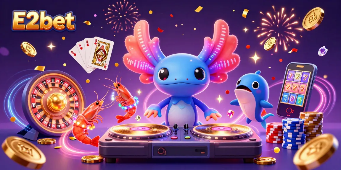 E2bet's vibrant 3D illustration showcasing a neon-colored DJ axolotl and dynamic casino elements.