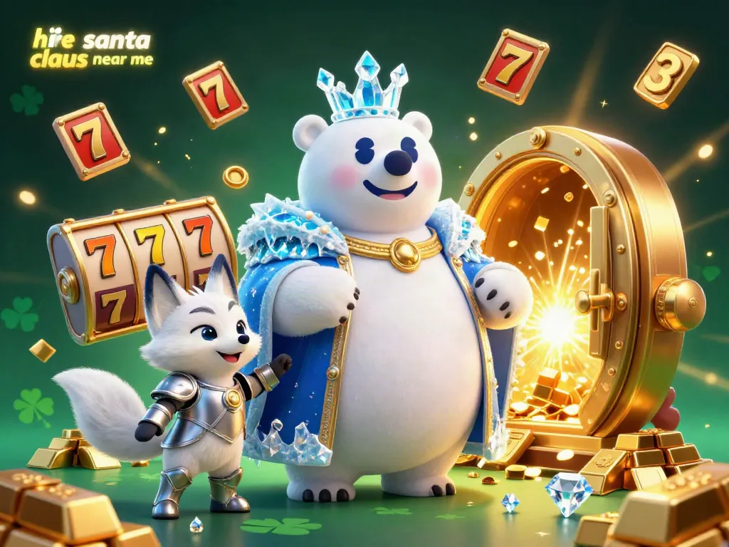 Experience the thrill of hiring Santa Claus near me amidst vibrant casino elements and lucky riches.