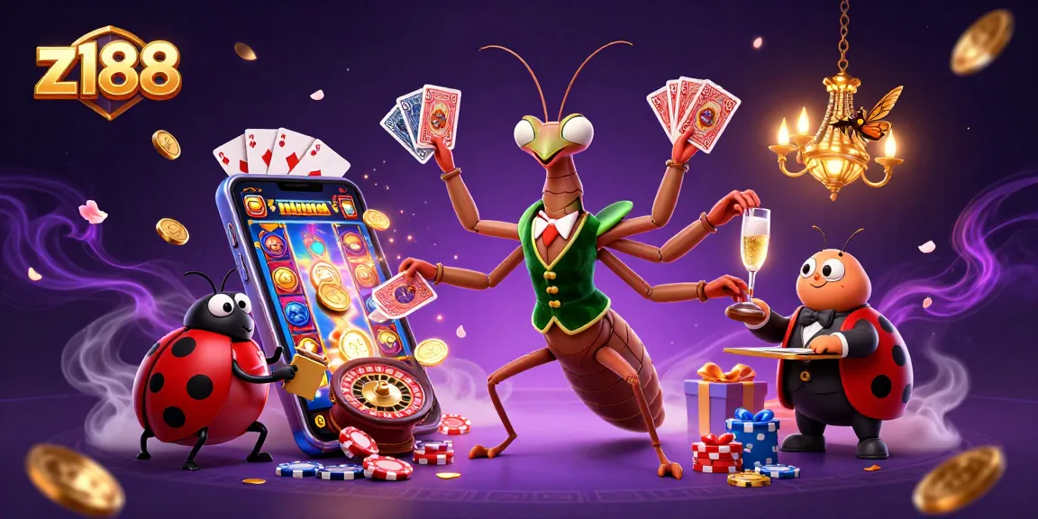 Join the excitement at z188 as the giant mantis card sharp deals cards amidst golden coins and lively gameplay.