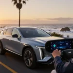 Discover how the driving modes in Cadillac Lyriq offer different ranges or battery usages through an engaging sunset drive.
