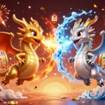Spin to win with vn168's vibrant 3D slot game scene featuring dragons and festive elements.