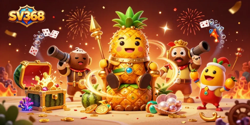 Win big with SV368 in an explosive beach-themed casino scene featuring vibrant characters and treasure.