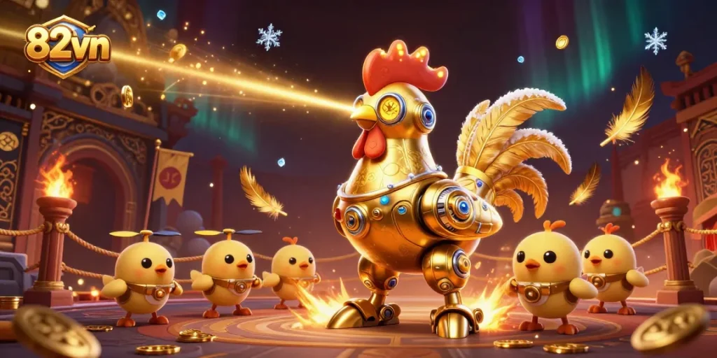 Engage in thrilling gaming at 82vn with advanced slots featuring golden rooster and chick drones.