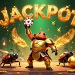 Spin to win at O8 KJC with a cartoon hercules beetle celebrating a jackpot victory