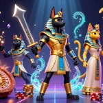 Experience the thrill of BET88 with Anubis and Bastet amidst cascading coins and a spinning roulette.