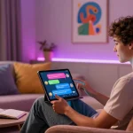 Engaging in adventurous nsfw ai chat within a cozy, modern room filled with colorful dialogue and creative ambiance.