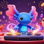 A vibrant scene showcasing alo789's dynamic cockfighting arena, featuring an axolotl DJ and energetic shrimp dancers.