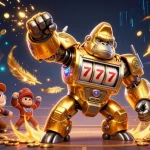 Experience the excitement of FB88 with a dynamic 3D illustration showcasing a golden gorilla mech and slot machine elements.