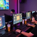 CICAKWIN gaming enthusiasts engaged in an exciting slot gaming session at a vibrant online café.