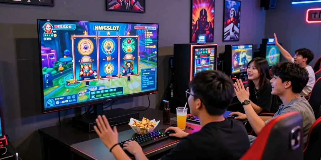 Friends enjoying HWGSLOT online gaming experience in a vibrant gaming room