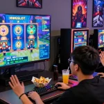Friends enjoying HWGSLOT online gaming experience in a vibrant gaming room